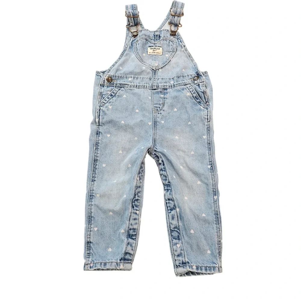 OshKosh B'gosh Girls Light Wash Denim Heart Print Overalls 18M‎ 1R964610